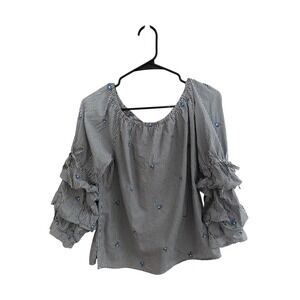 Sanctuary Women's Medium Boho Stripe Embroidered Ruffle Sleeve Cotton Blouse Top